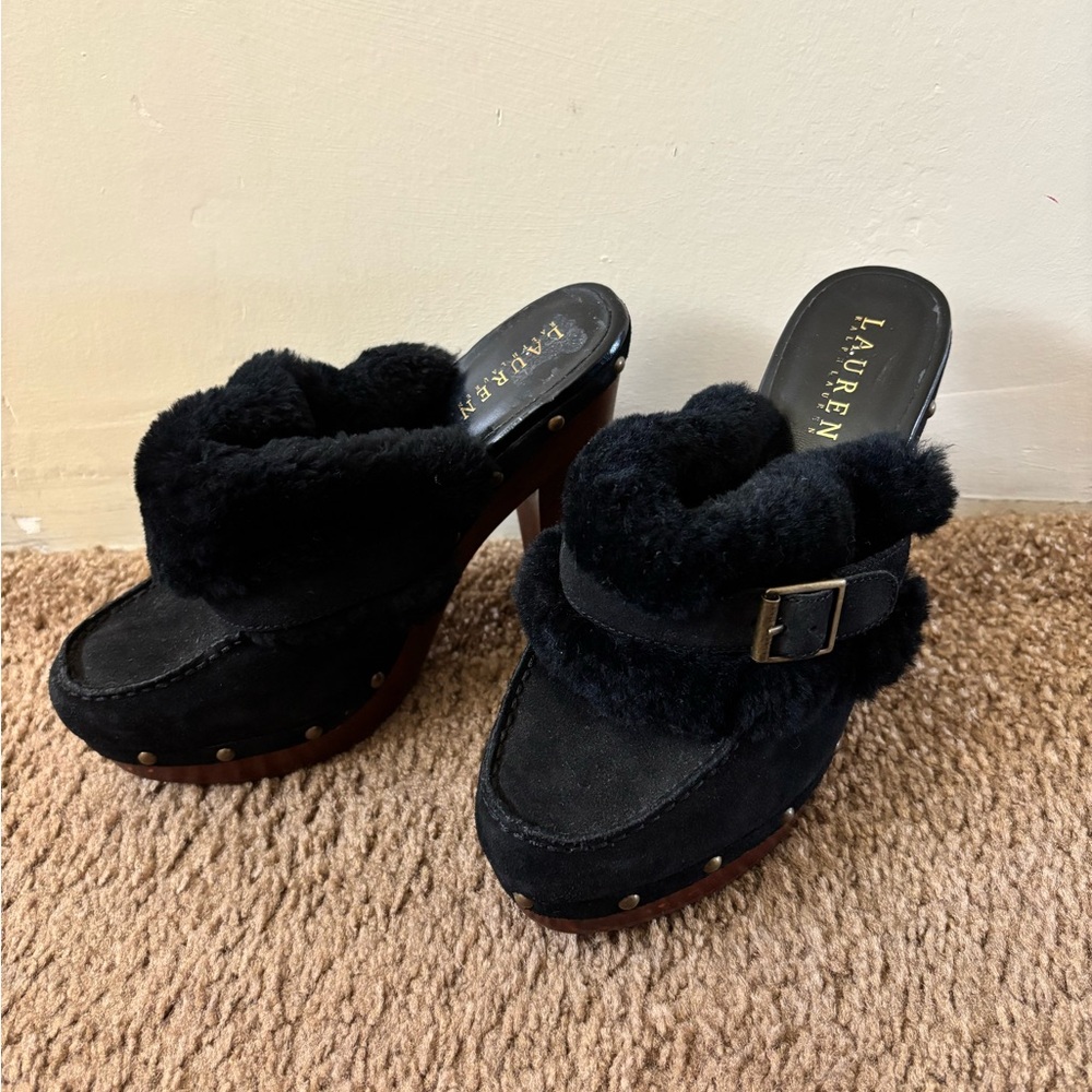Black Fur-Trimmed Women's Mules